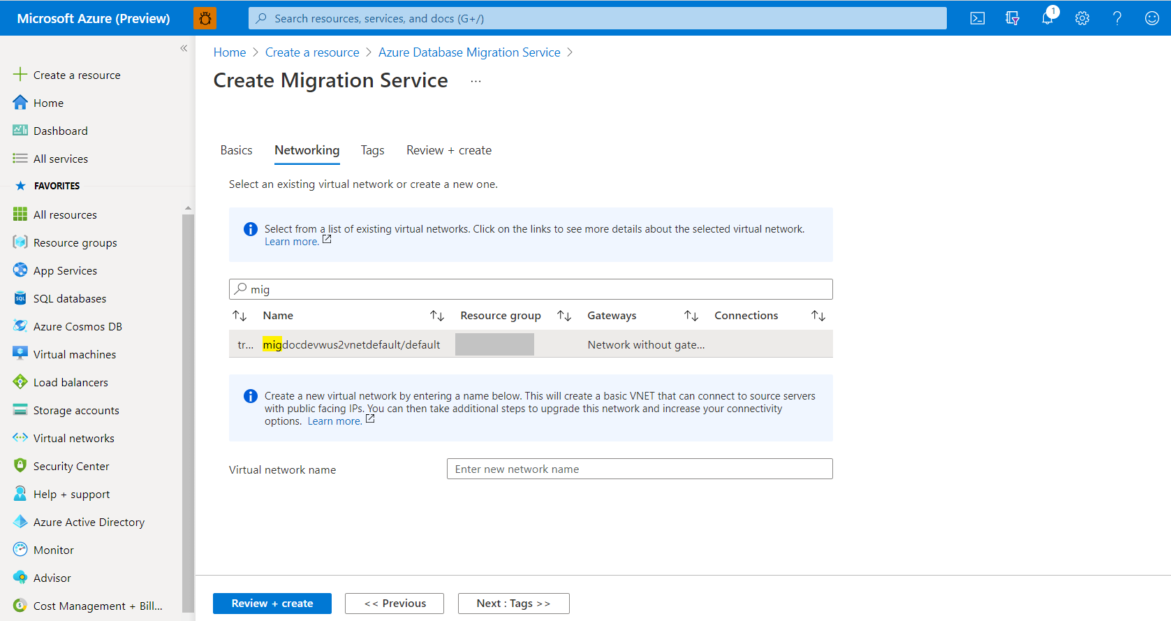 Konfigurowanie ustawień sieci usługi Azure Database Migration Service