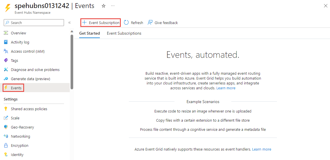 Zrzut ekranu przedstawiający stronę Zdarzenia dla przestrzeni nazw usługi Event Hubs z wybranym linkiem Dodaj subskrypcję zdarzeń. 