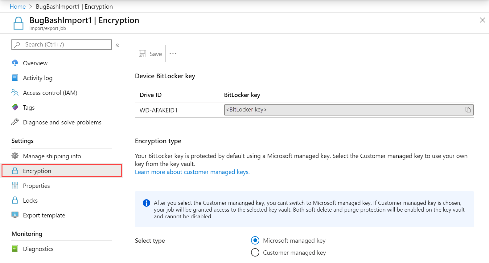 Zrzut ekranu przedstawiający blok Szyfrowanie dla zamówienia importu/eksportu platformy Azure. Element menu szyfrowania został wyróżniony.