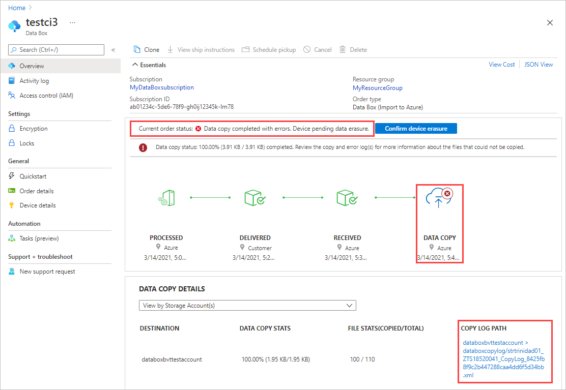 Powiadomienie o błędach kopiowania podczas przekazywania w witrynie Azure Portal