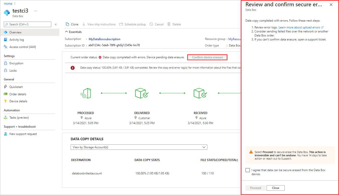 Przejrzyj i kontynuuj panel pod kątem błędów przekazywania w witrynie Azure Portal