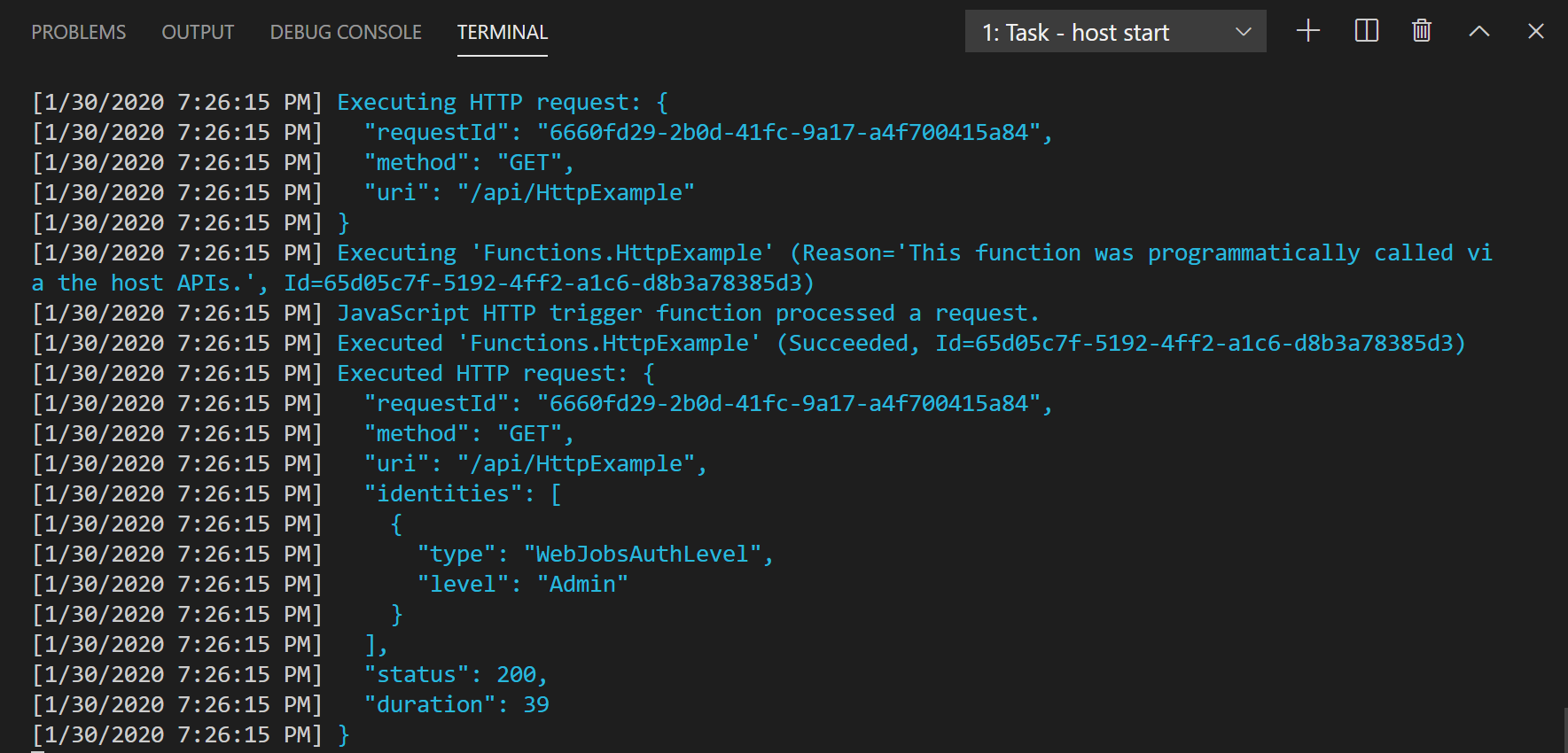 Uruchamianie hosta zadania — dane wyjściowe terminalu programu VS Code