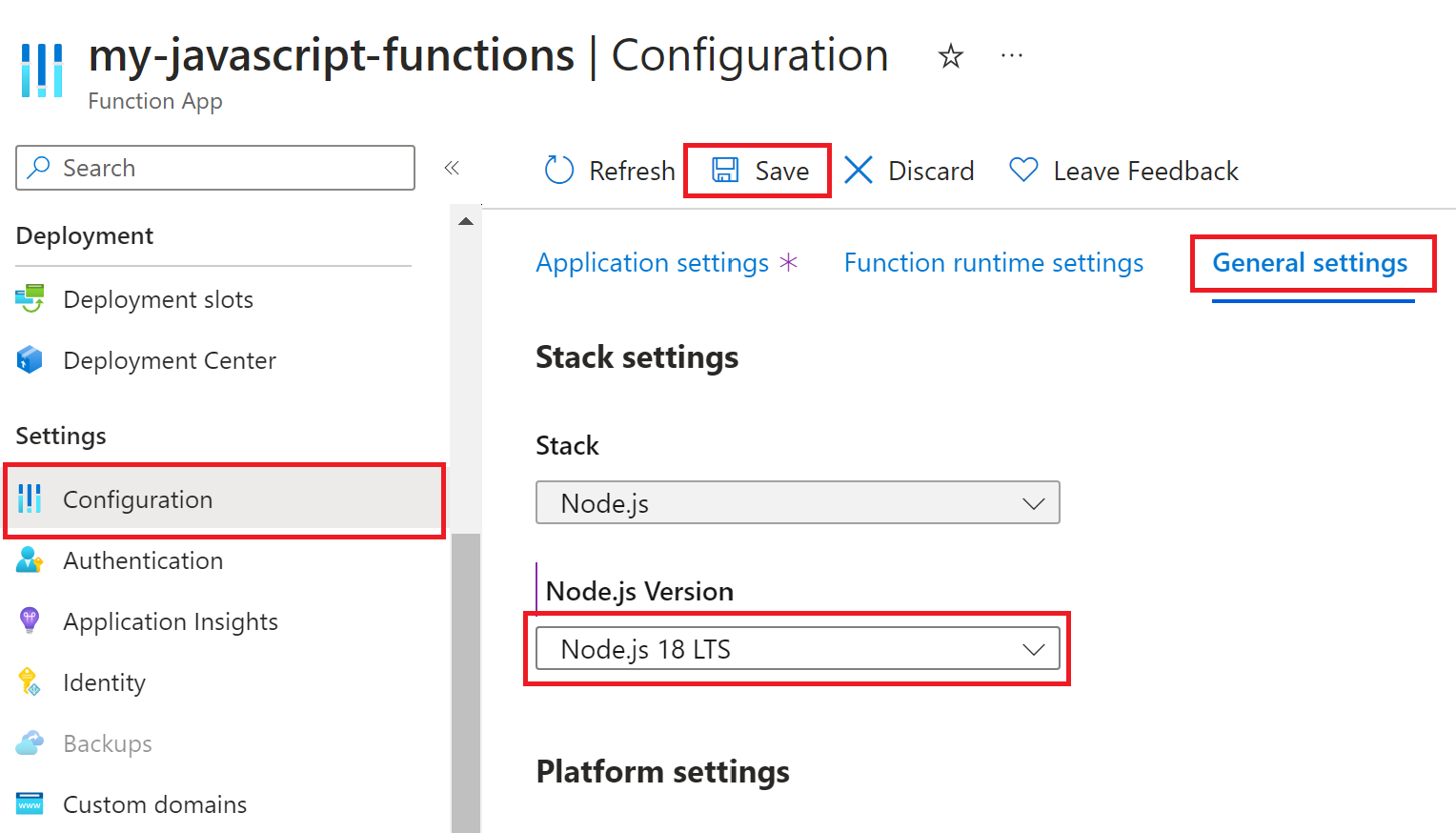 Zrzut ekranu przedstawiający ustawienie Node.js dla aplikacji funkcji na najnowszą wersję LTS w witrynie Azure Portal. 