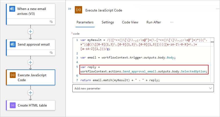 Zrzut ekranu przedstawiający standardowy przepływ pracy i akcję Wykonaj kod JavaScript ze zaktualizowanym przykładowym fragmentem kodu.