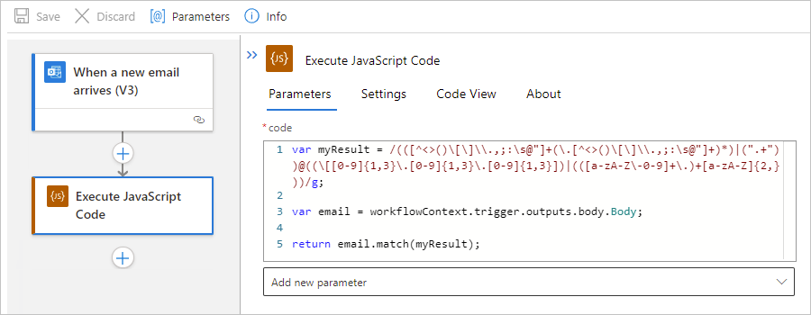 Zrzut ekranu przedstawiający przepływ pracy aplikacji logiki w warstwie Standardowa i akcję Wykonaj kod JavaScript z instrukcją return.