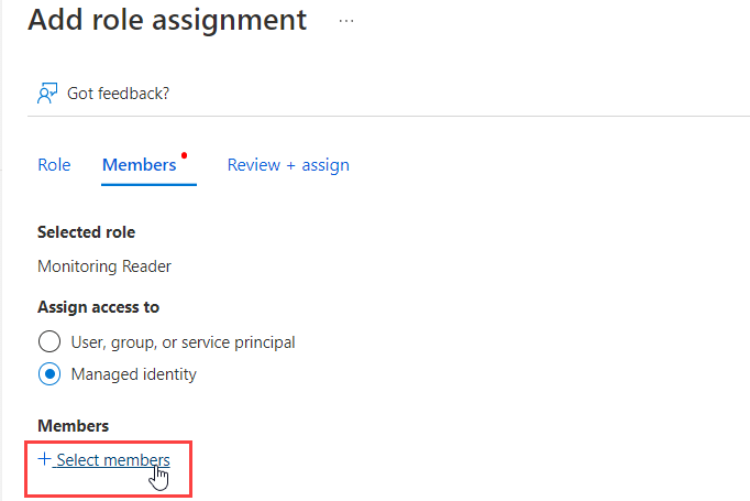 Screenshot of the Azure platform selecting members.