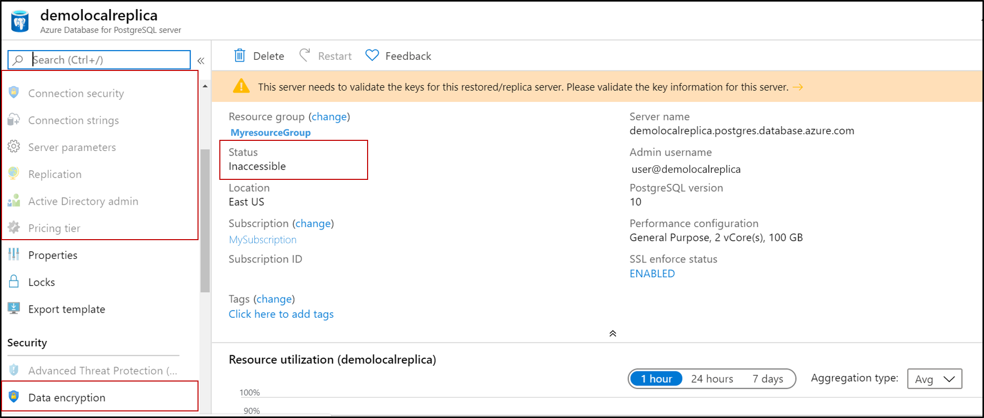 Zrzut ekranu przedstawiający usługę Azure Database for PostgreSQL z wyróżnionym stanem Niedostępny