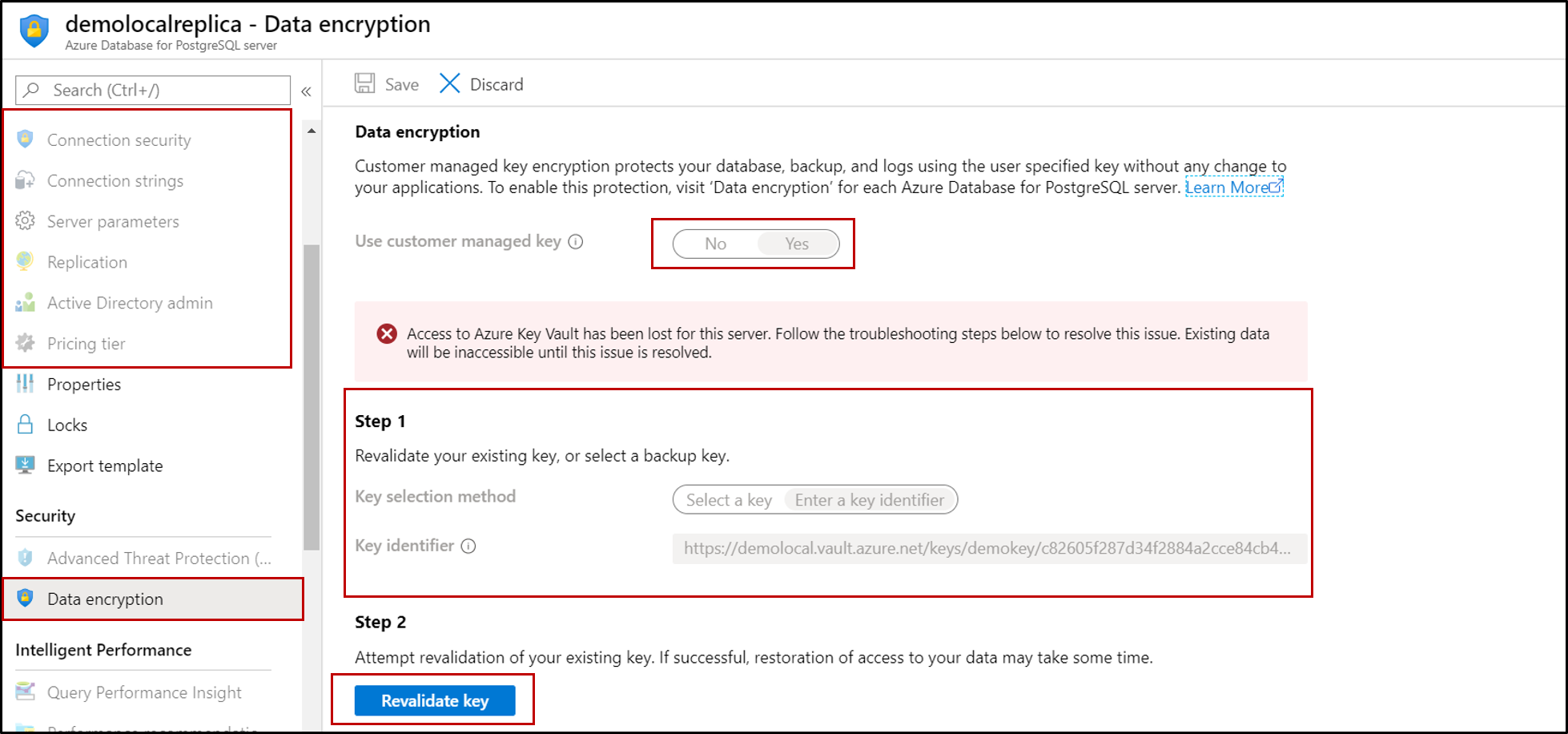 Zrzut ekranu przedstawiający usługę Azure Database for PostgreSQL z wyróżnionym krokiem zmiany