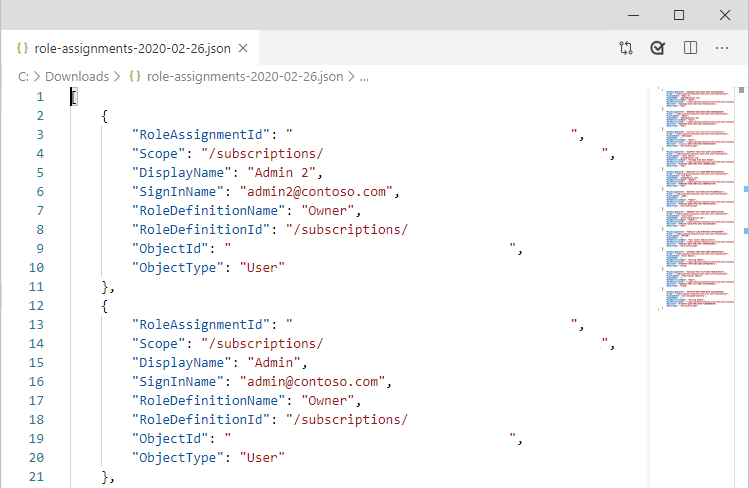 Zrzut ekranu przedstawiający pobrane przypisania ról w formacie JSON.