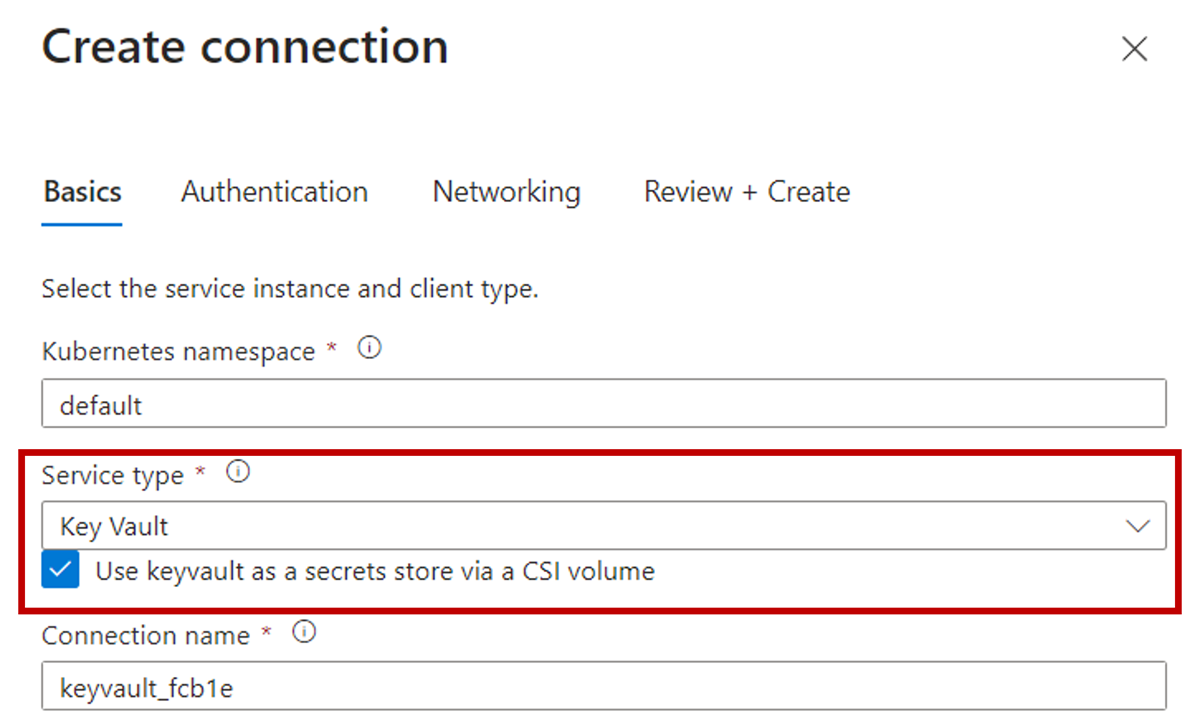 Zrzut ekranu witryny Azure Portal z włączaniem sterownika CSI dla magazynu kluczy podczas tworzenia połączenia.