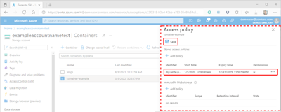 Screenshot showing how to apply a stored access policy within the Azure portal.