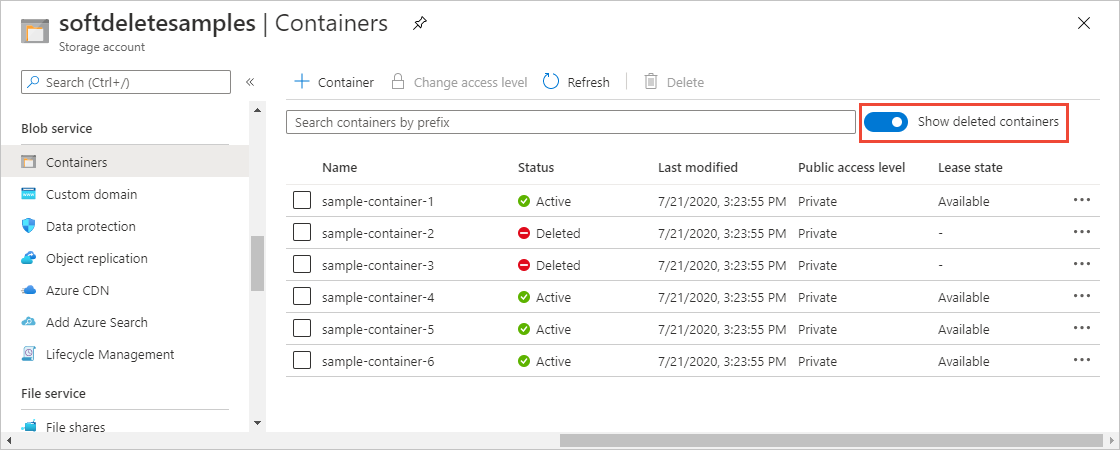 Zrzut ekranu przedstawiający sposób wyświetlania kontenerów usuniętych nietrwale w witrynie Azure Portal.