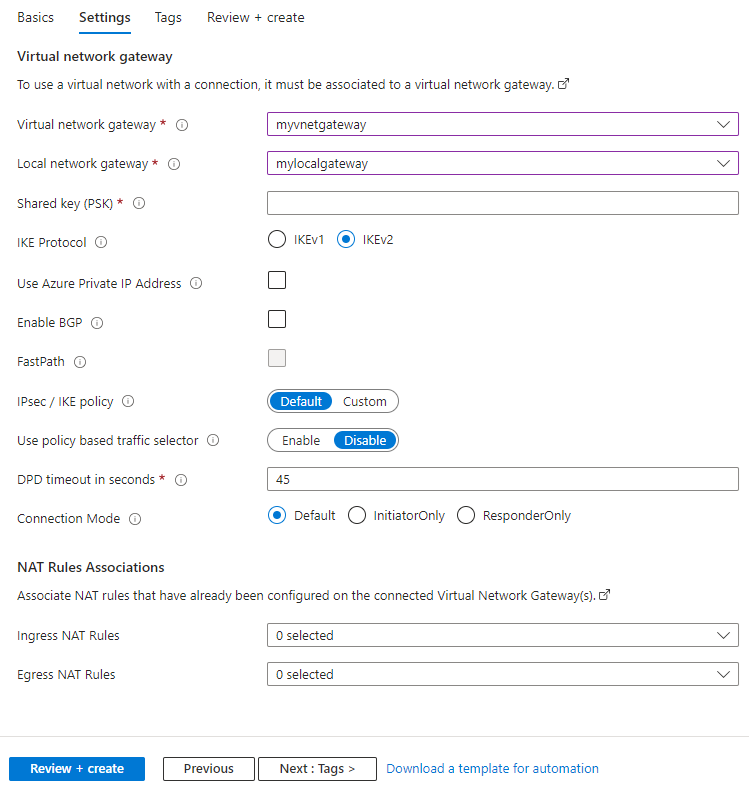 Zrzut ekranu przedstawiający sposób konfigurowania ustawień połączenia sieci VPN typu lokacja-lokacja przy użyciu witryny Azure Portal.