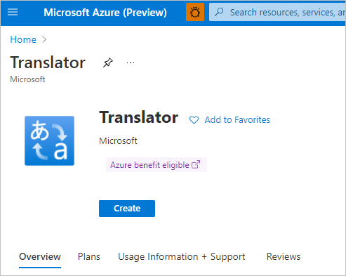 Zrzut ekranu przedstawiający usługę Translator w portalu z przyciskiem Utwórz.
