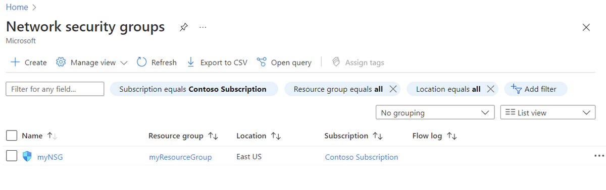 Zrzut ekranu przedstawiający listę Sieciowych grup zabezpieczeń w witrynie Azure Portal.
