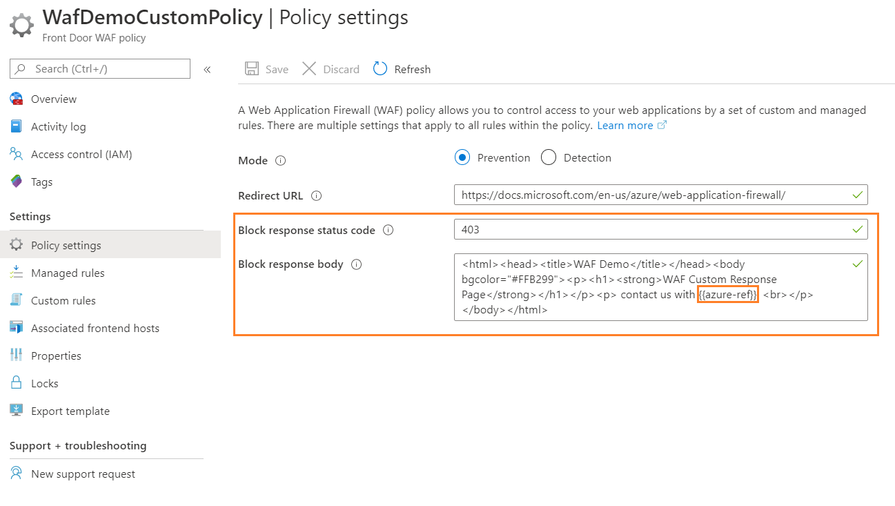 Zrzut ekranu przedstawiający ustawienia usługi Azure Web Application Firewall Policy.