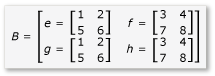 Diagram przedstawiający 4 na 4 macierz B podzielone na 2 przez 2 podrzędne macierze.