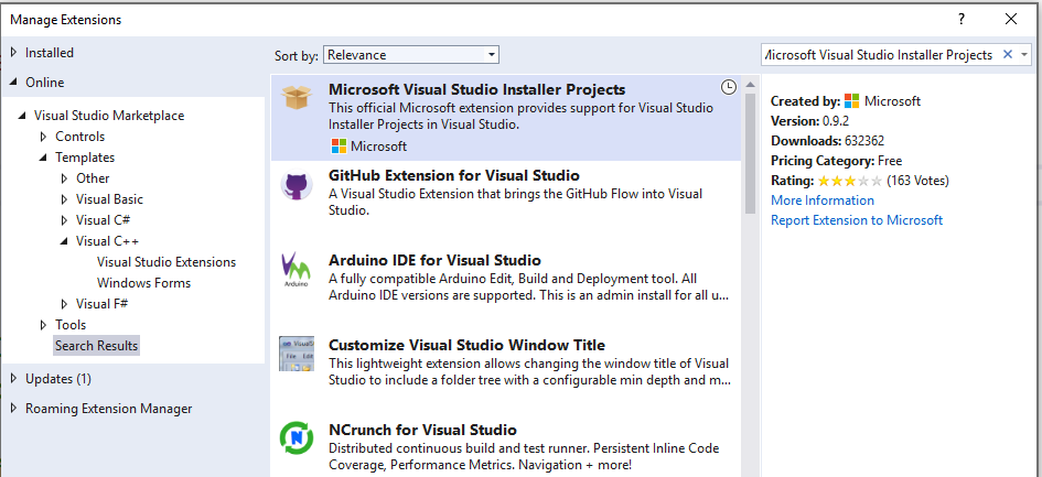 W oknie dialogowym Zarządzanie rozszerzeniami zostanie wyświetlone rozszerzenie projektu konfiguracji programu Visual Studio.