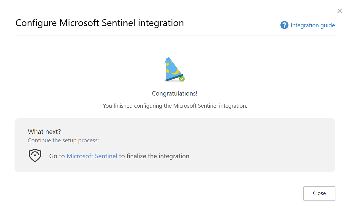 Zrzut ekranu przedstawiający stronę zakończenia integracji usługi Microsoft Sentinel.