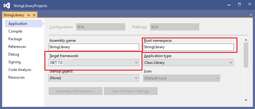 Project properties for the class library