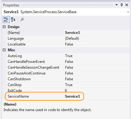 Ustaw właściwość ServiceName.