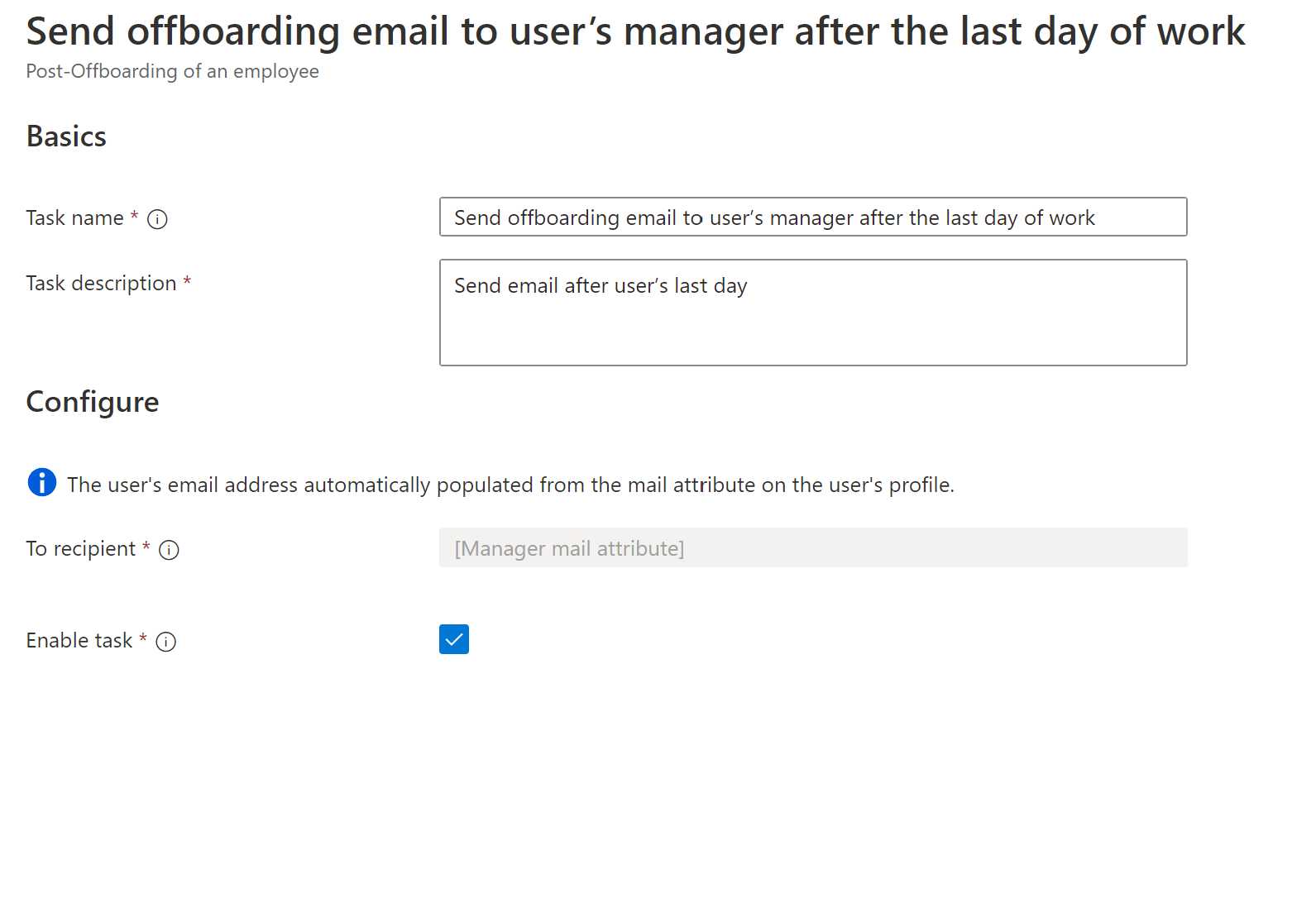 Zrzut ekranu przedstawiający zadanie Przepływy pracy: wyślij wiadomość e-mail off-boarding do menedżera użytkownika po ostatnim dniu.