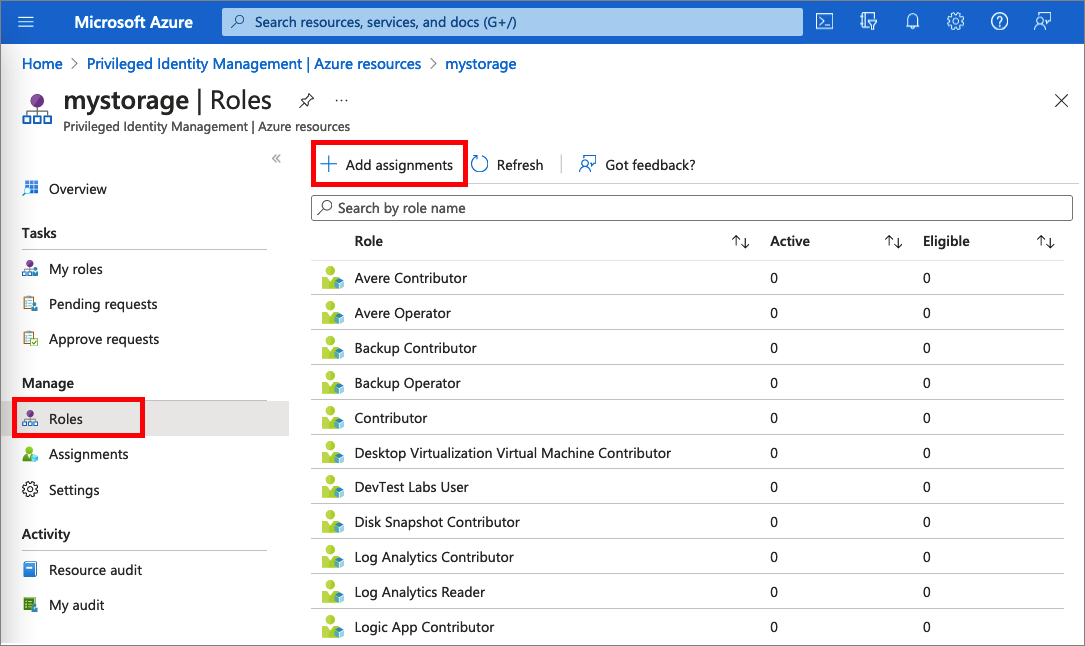 Zrzut ekranu przedstawiający role zasobów platformy Azure.