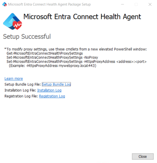 Zrzut ekranu przedstawiający komunikat z potwierdzeniem instalacji agenta usług AD DS firmy Microsoft Połączenie Health.