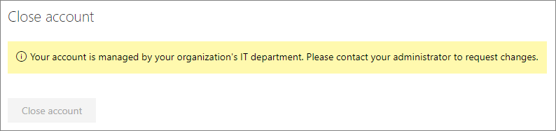 Zrzut ekranu przedstawiający komunikat o zamknięciu konta dla użytkowników zarządzanych.