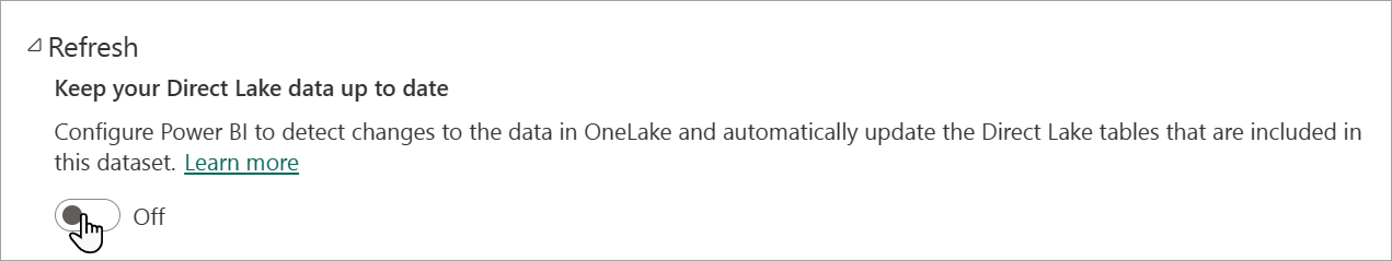 Zrzut ekranu przedstawiający opcję odświeżania usługi Direct Lake w ustawieniach modelu.