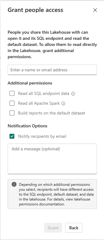 Zrzut ekranu przedstawiający ekran Grant people access (Udziel osobom dostępu do usługi Lakehouse).