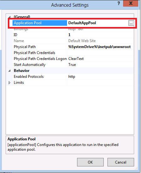 Screenshot of Advanced Settings dialog box showing Application Pool and Default App Pool highlighted.