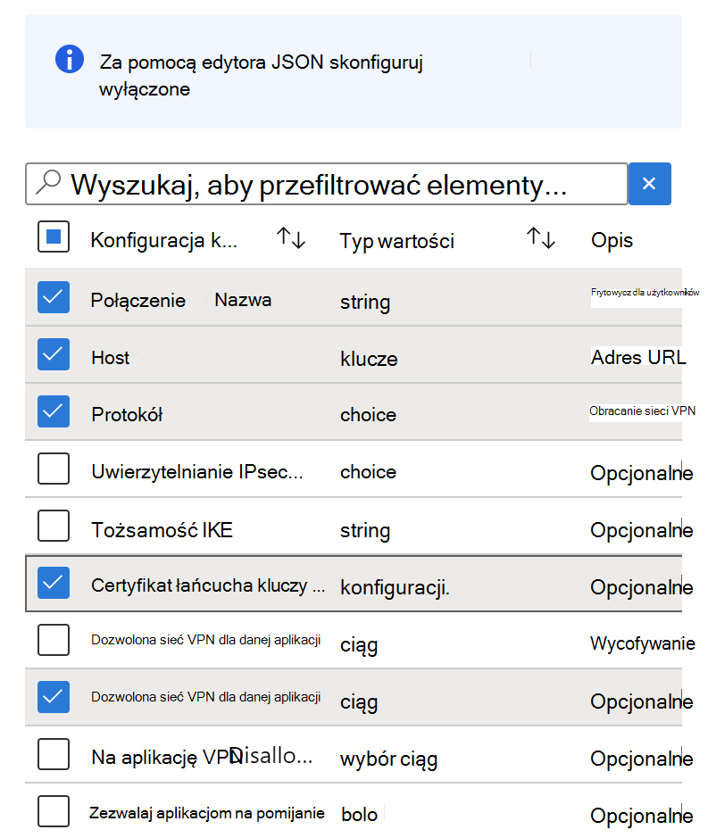 Dodaj klucze konfiguracji do zasad konfiguracji aplikacji sieci VPN w usłudze Microsoft Intune przy użyciu projektanta konfiguracji — przykład.