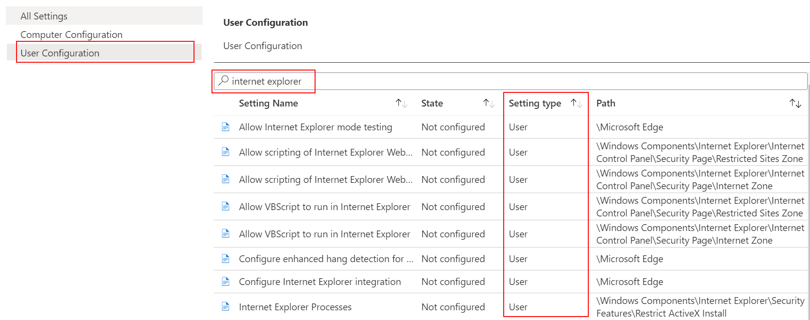 W szablonie ADMX wybierz konfigurację użytkownika i wyszukaj lub przefiltruj program Internet Explorer w usłudze Microsoft Intune.