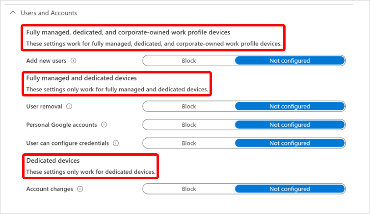 Zrzut ekranu przedstawiający nagłówki ustawień Użytkownicy i konta systemu Android Enterprise oraz typy rejestracji, do których mają zastosowanie w usłudze Microsoft Intune.