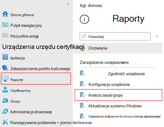 Zrzut ekranu przedstawiający sposób przeglądania raportu i danych wyjściowych zaimportowanych obiektów zasad grupy przy użyciu analizy zasad grupy w usłudze Microsoft Intune i centrum administracyjnym usługi Intune.