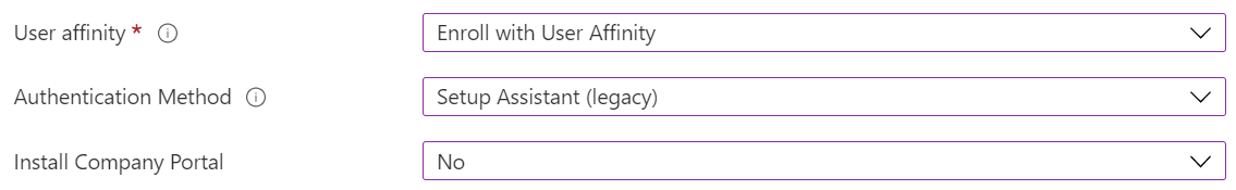 W centrum administracyjnym usługi Intune i usłudze Microsoft Intune zarejestruj urządzenia z systemem iOS/iPadOS przy użyciu automatycznej rejestracji urządzeń (ADE). Wybierz pozycję Zarejestruj z koligacją użytkownika, użyj Asystenta ustawień do uwierzytelniania i nie instaluj aplikacji Portal firmy.