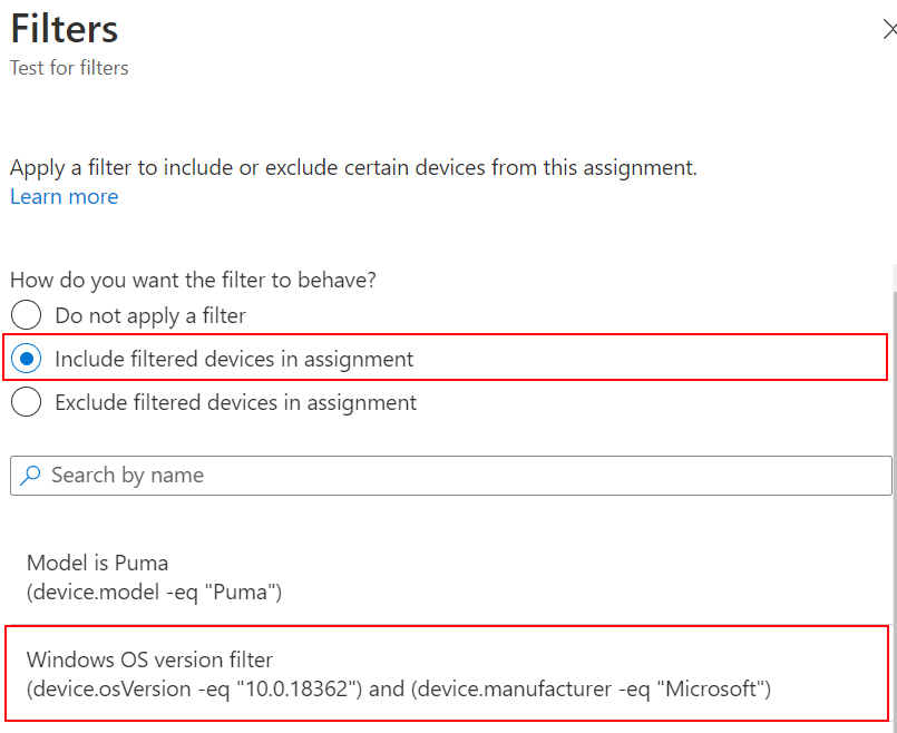 Zrzut ekranu przedstawiający sposób dołączania filtru podczas przypisywania zasad w usłudze Microsoft Intune.