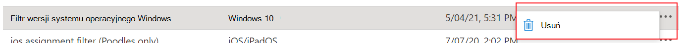 Zrzut ekranu przedstawiający sposób usuwania filtru w usłudze Microsoft Intune.