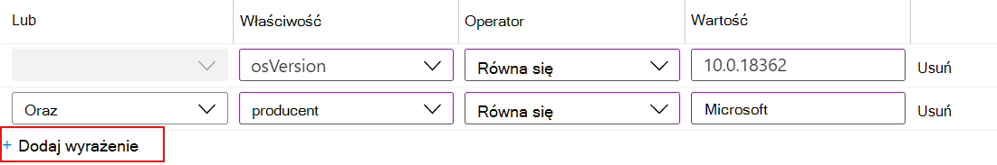 Zrzut ekranu przedstawiający sposób używania konstruktora reguł w usłudze Microsoft Intune do tworzenia filtru wyrażeń i przypisywania do zasad.