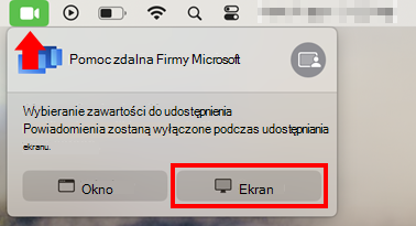 Zrzut ekranu przedstawiający okno dialogowe udostępniania ekranu systemu macOS umożliwiające udostępnianie ekranu dla Pomoc zdalna firmy Microsoft