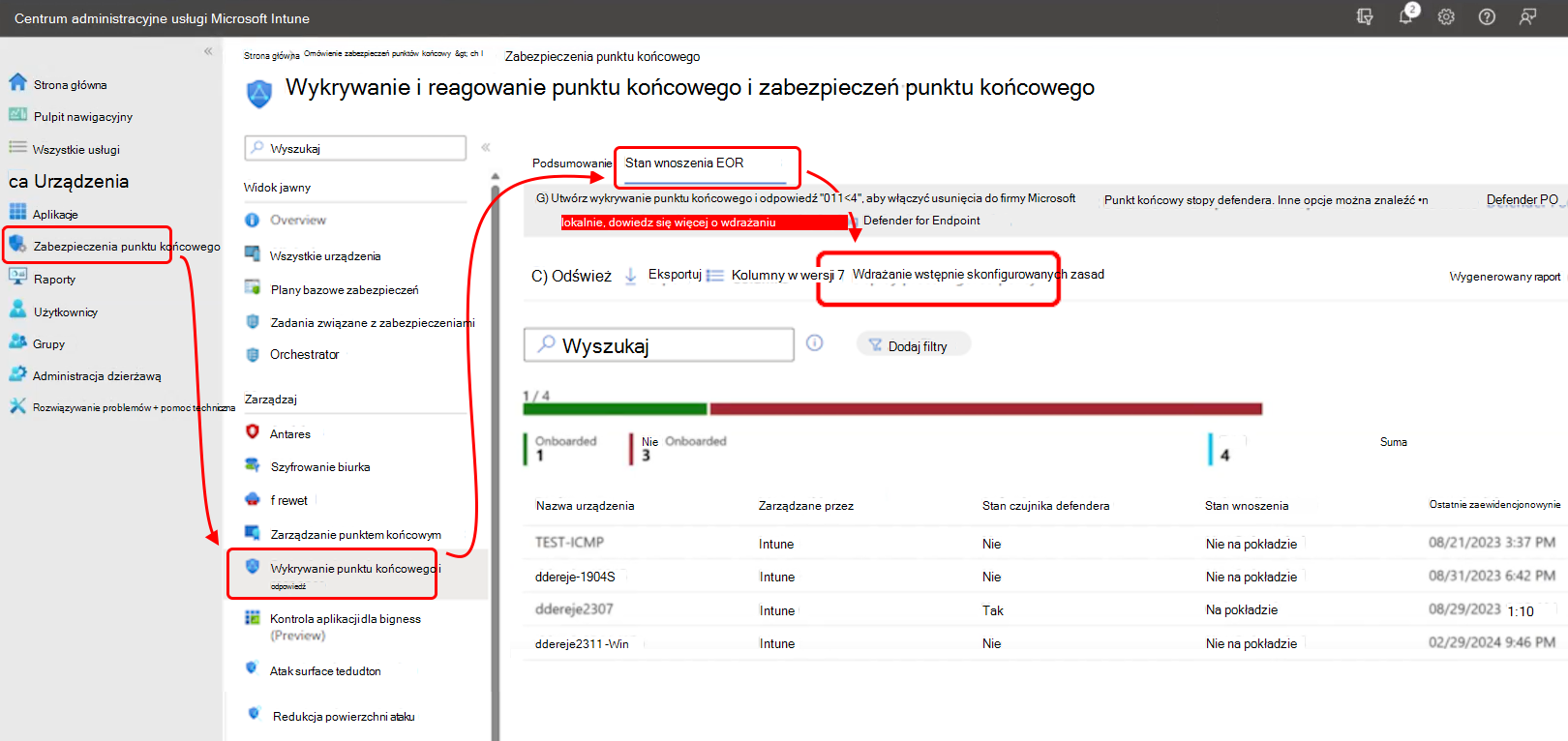 Zrzut ekranu centrum administracyjnego pokazujący, gdzie można znaleźć opcję Wdróż wstępnie skonfigurowane zasady.