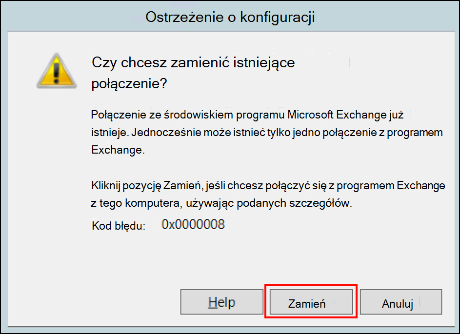 Ostrzeżenie o konfiguracji w celu zastąpienia łącznika