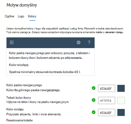 Zrzut ekranu: karta Kolory przedstawiająca domyślne kolory motywu w organizacji