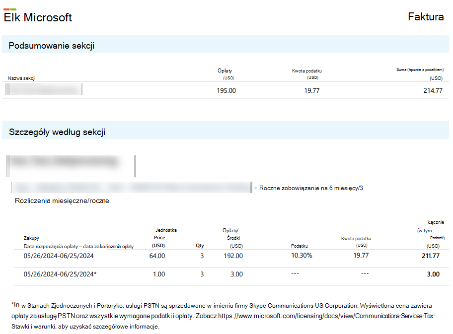 Strona druga faktury .PDF pokazująca aktywność rozliczeniową dla każdej sekcji.