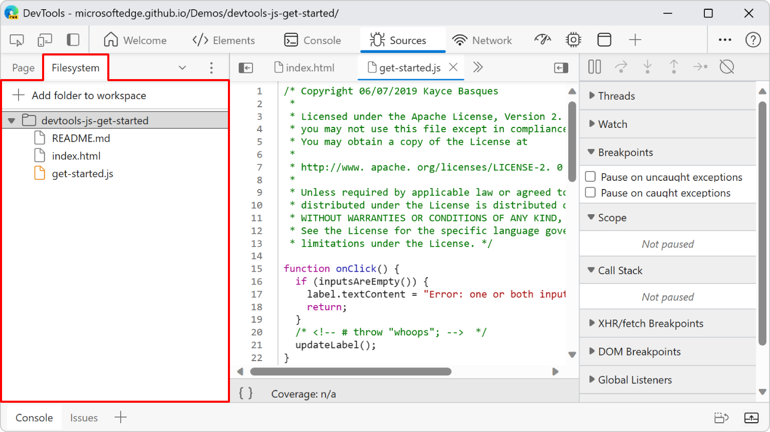 The Filesystem tab, for a Workspace