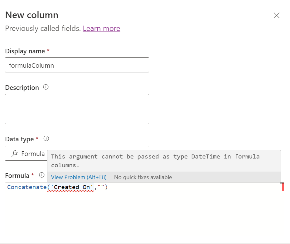 Kolumna Formuła z nieobsługiwanym parametrem daty i czasu przekazywanego w formule