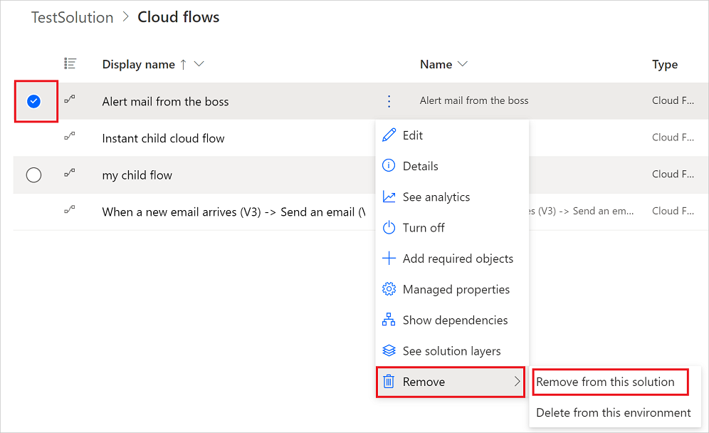 Zrzut ekranu pokazujący opcję usunięcia przepływu z podświetlonego rozwiązania.