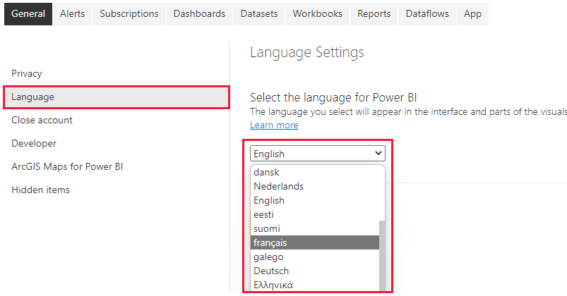 Screenshot of general tab of Settings showing the language dropdown.