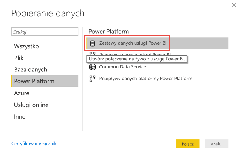 Zrzut ekranu przedstawiający pobieranie danych z semantycznych modeli usługi Power BI.